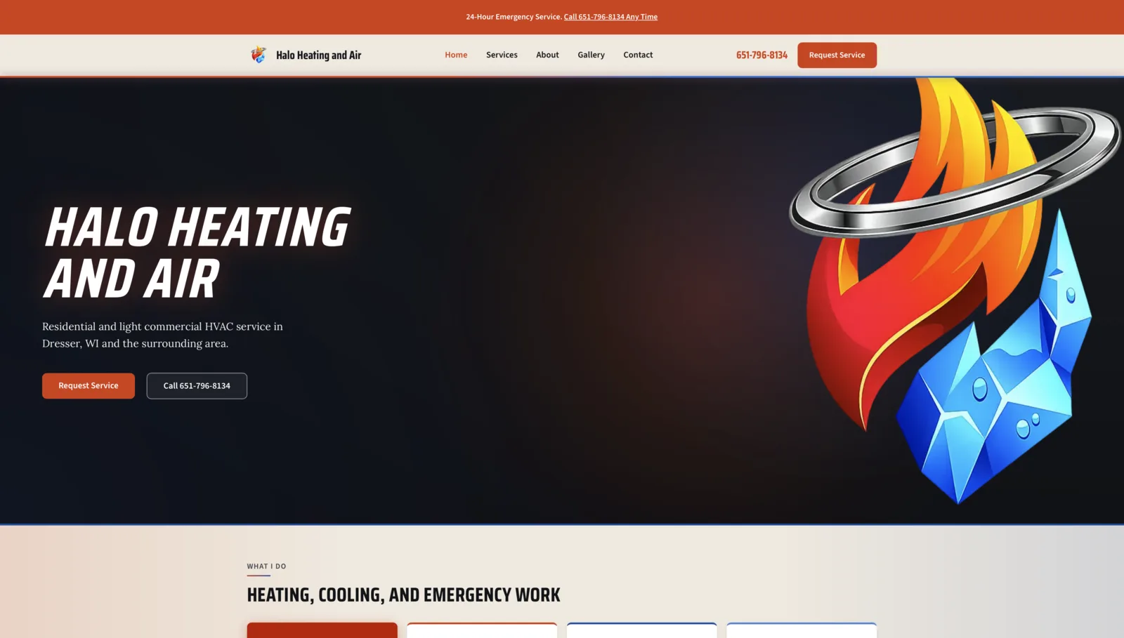 The Halo Heating and Air homepage we built, showing the emergency-service banner and hero